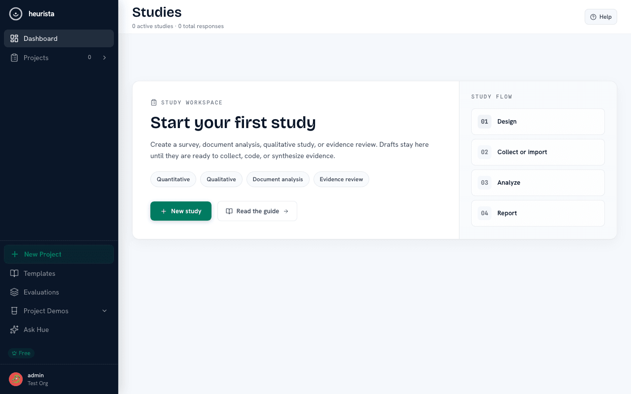Heurista team dashboard with active projects, study folders, and organization workspace controls
