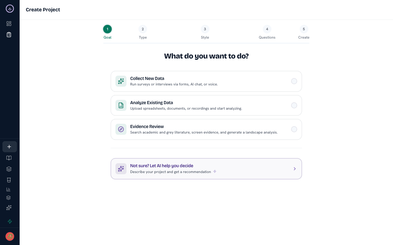 Heurista project setup wizard for choosing collection and analysis goals