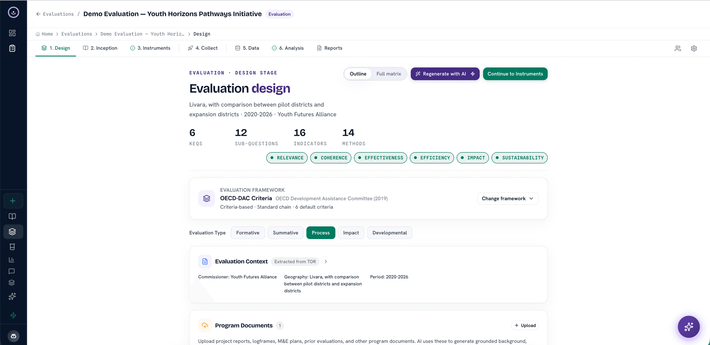 Heurista demo evaluation canvas with framework selection, key evaluation questions, indicators, and source requirements