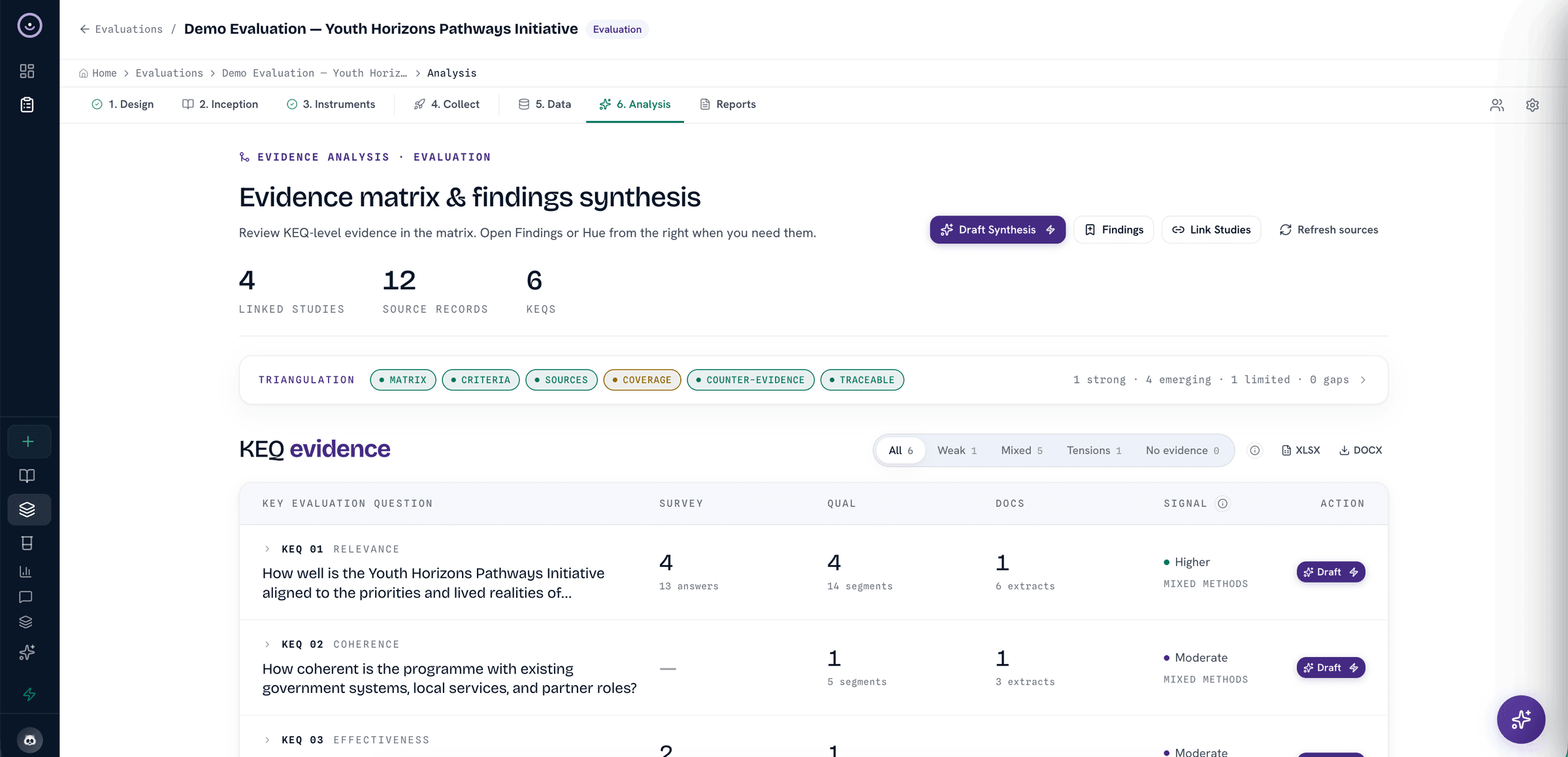 Heurista demo evidence review screen with candidate findings, evidence strength, and supporting sources